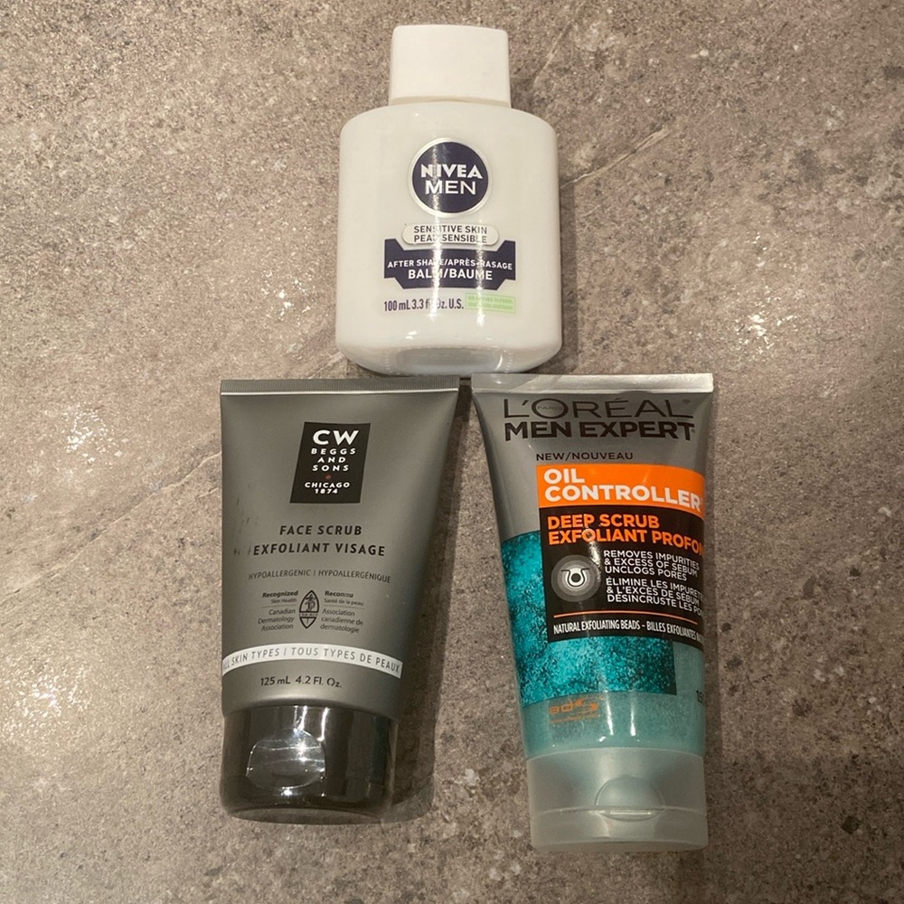 🍭🌟Men skin care: Nivea after shave balm + L'Oreal deep scrub + CW face scrub NWT